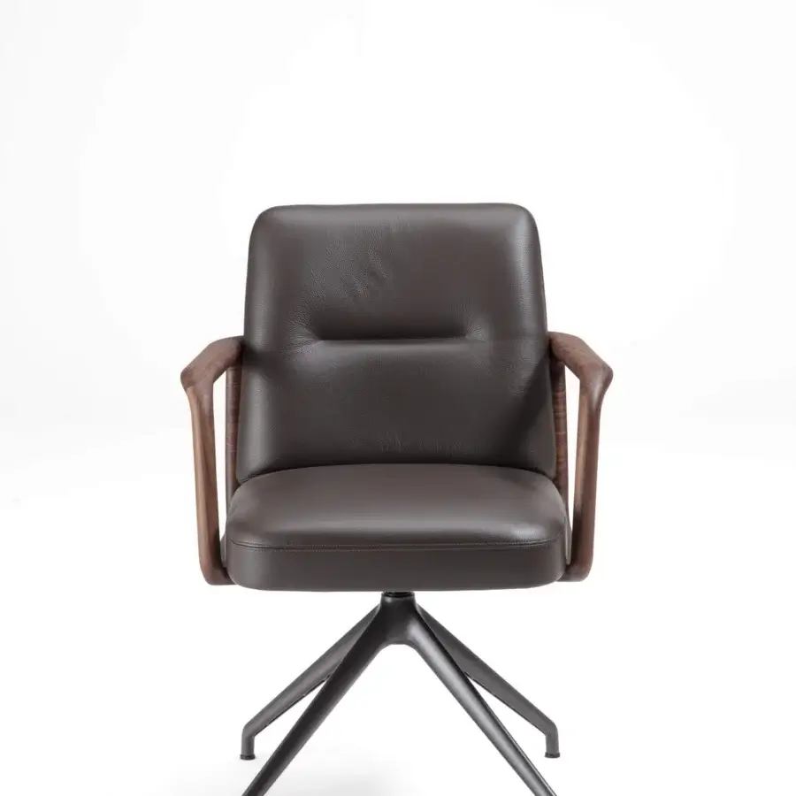 Elegant Porada Cuna swivel chair with sculpted Canaletta walnut frame and comfortable deep brown leather upholstery in matte black finish