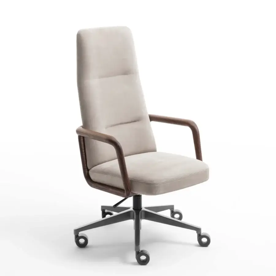Exceptional Porada Cuna swivel chair built with sculpted Canaletta walnut, neutral beige textile and sleek black metal base with satin finish