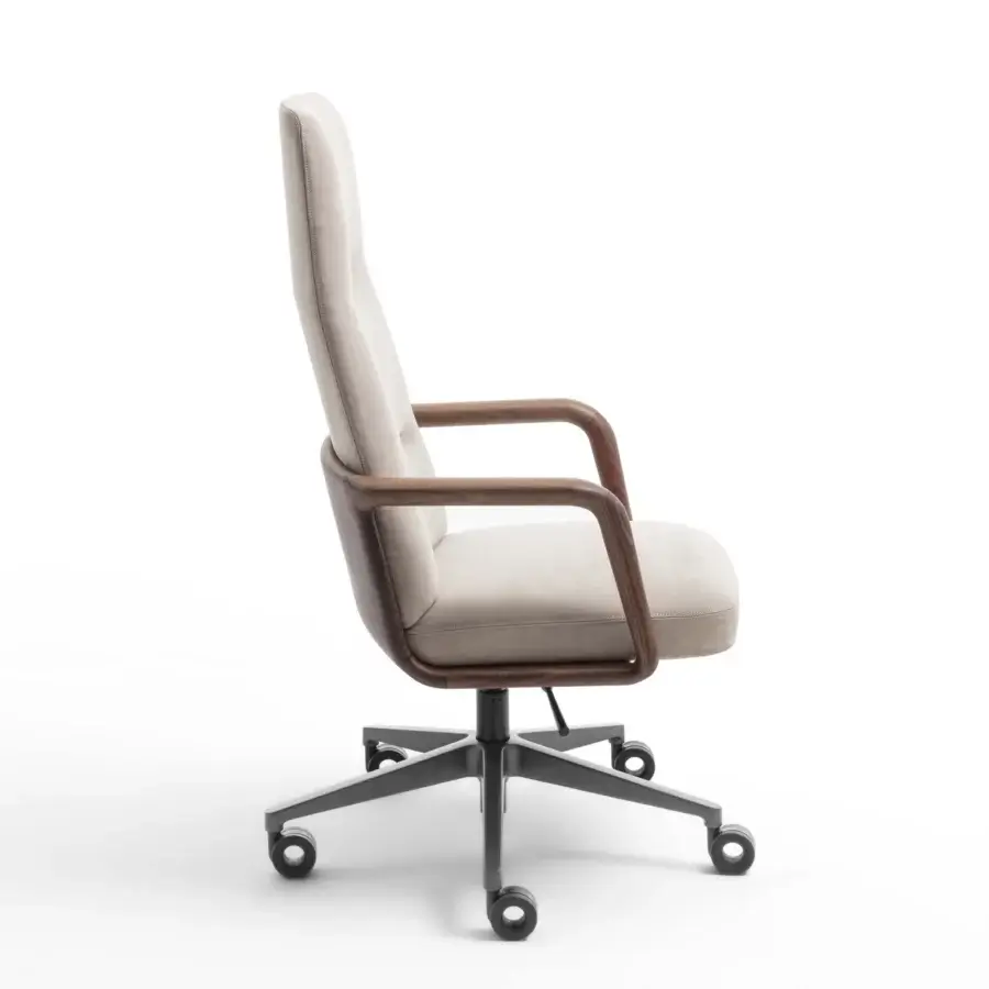 Superior Porada Cuna swivel chair with sculpted Canaletta walnut and light beige textile upholstery in satin finish