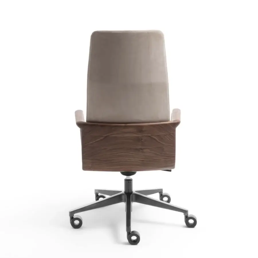 Distinguished Porada Cuna swivel chair with sculpted Canaletta walnut frame and comfortable textile upholstery in a muted taupe palette with satin finish