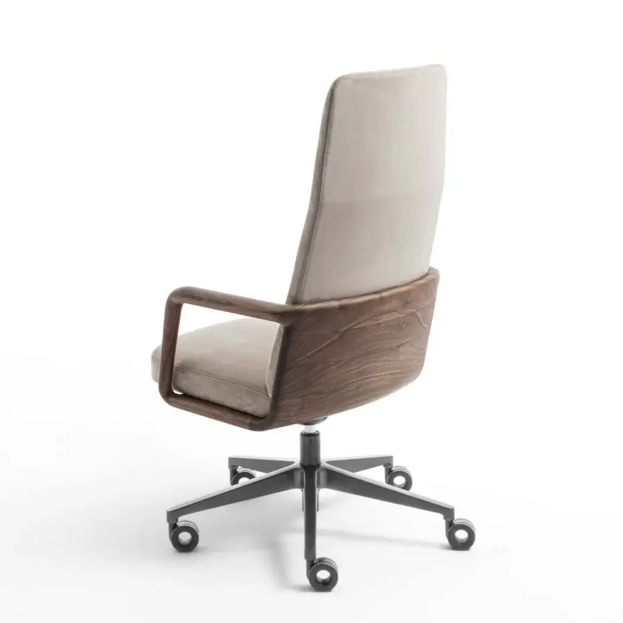 Exceptional Porada Cuna swivel chair crafted in Canaletta walnut with satin finish and light gray textile upholstery