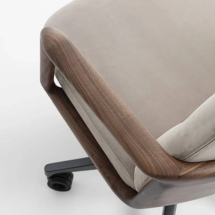 Superior Porada Cuna swivel chair with sculpted Canaletta walnut and neutral gray textile upholstery in satin finish