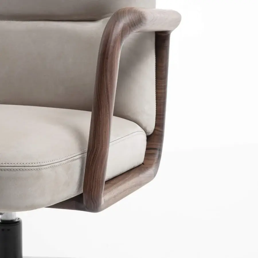 Distinguished Porada Cuna swivel chair with sculpted Canaletta walnut and neutral beige textile upholstery in matte finish