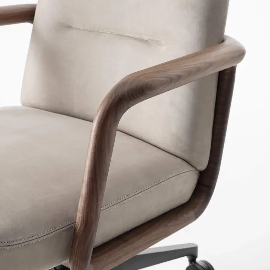 Superior Porada Cuna swivel chair with sculpted solid Canaletta walnut and subtly textured beige textile upholstery with satin finish