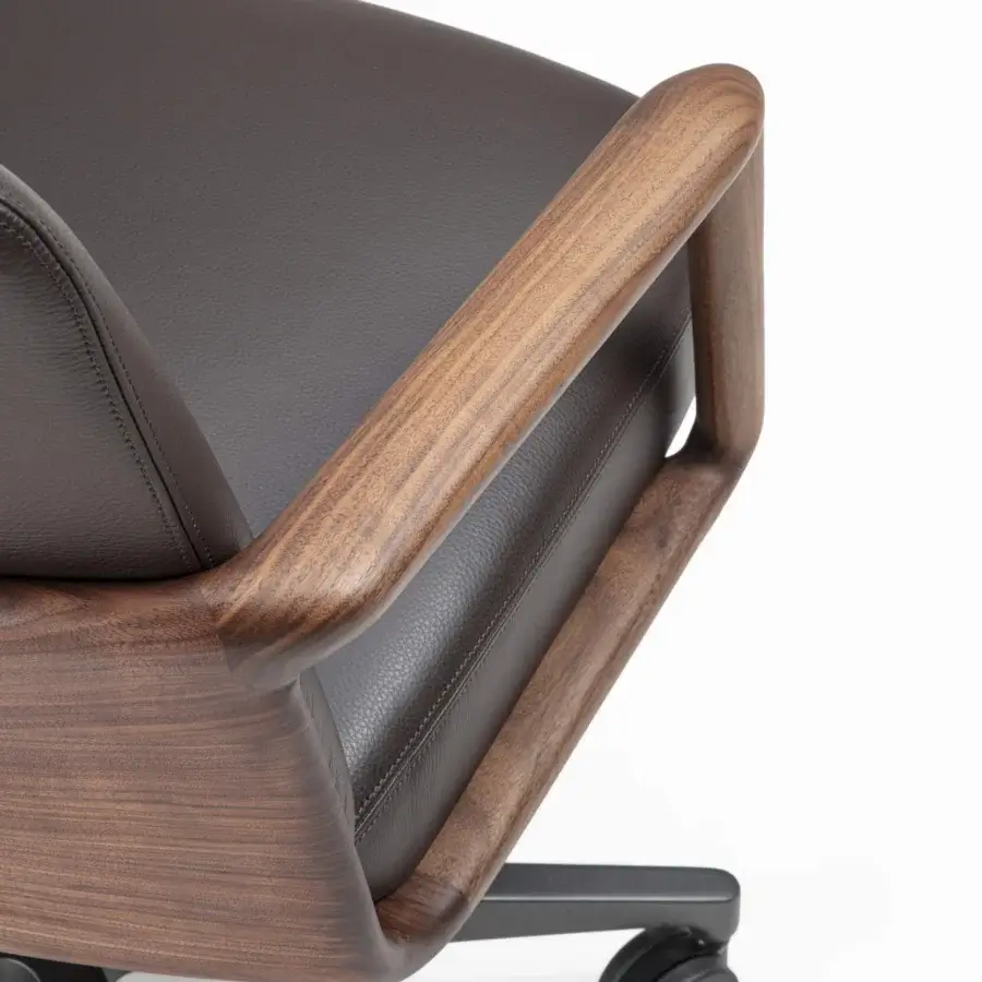 Superior Porada Cuna swivel chair with sculpted solid Canaletta walnut and dark brown textured textile upholstery in satin finish