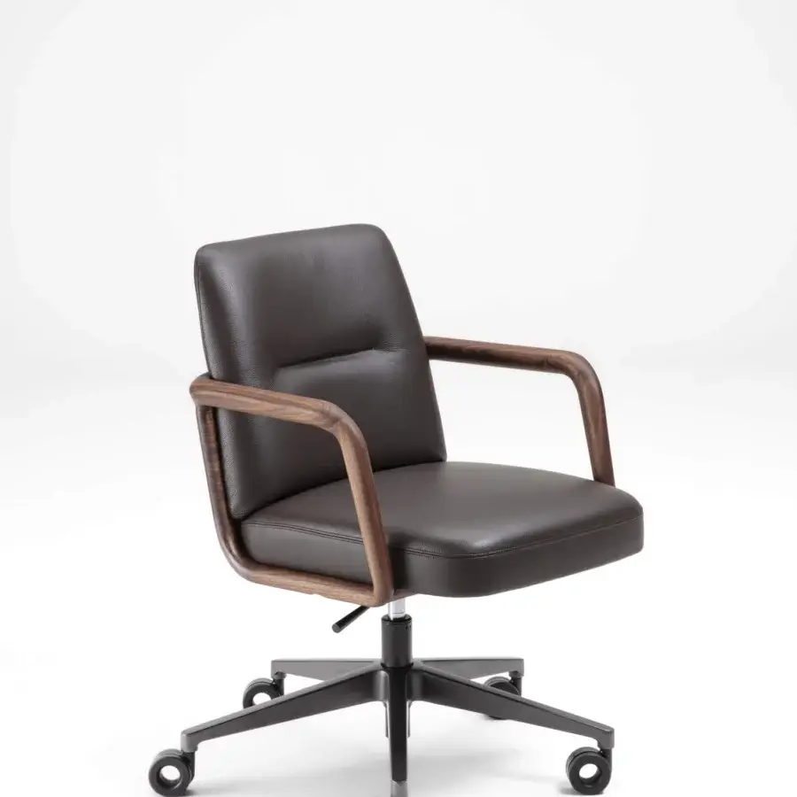 Elegant Porada Cuna swivel chair with sculpted solid Canaletta walnut and deep brown textured textile upholstery