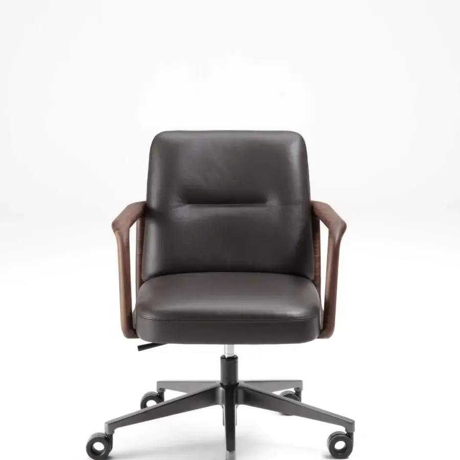 Superior Porada Cuna swivel chair with sculpted solid Canaletta walnut and dark brown leather upholstery in satin finish