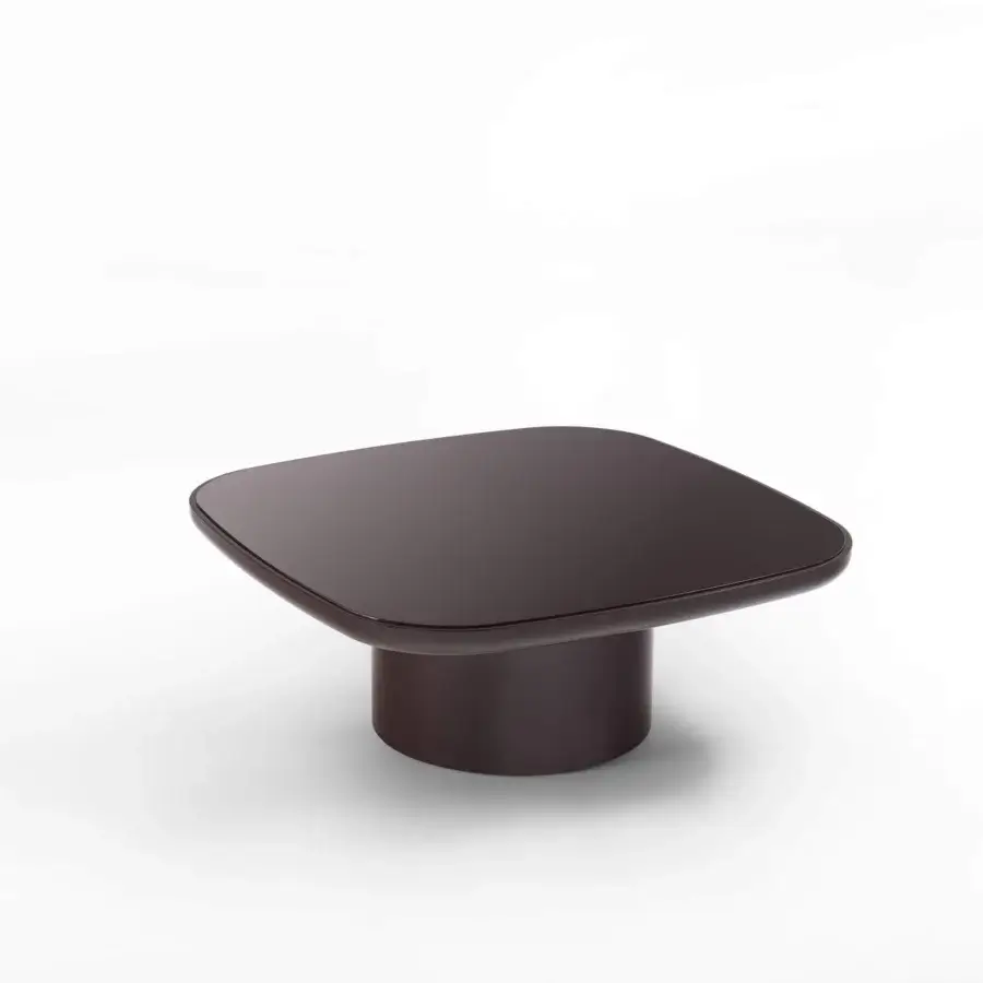 Distinctive Porada Enook Brillo coffee table with a square top and cylindrical base in shiny lacquered dark bronze finish