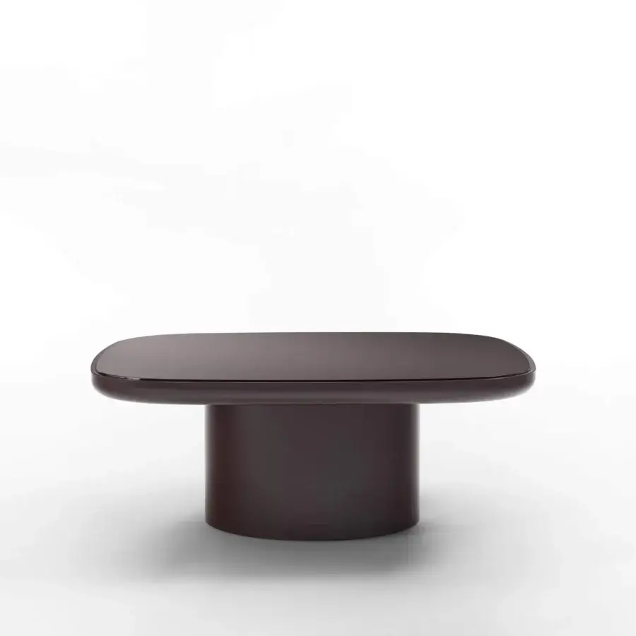 Elegant Porada Enook Brillo coffee table crafted in Italy with a shiny lacquered deep brown square tabletop and cylindrical base