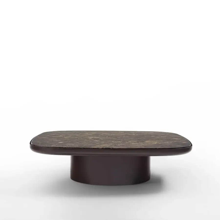 Captivating Porada Enook Brillo coffee table with a square tabletop in brown and gold marble and lacquered cylindrical base