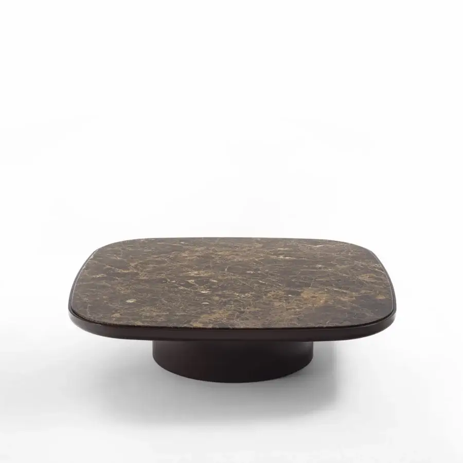 Distinguished Porada Enook Brillo coffee table with a square marble top and shiny lacquered frame built with gold veining