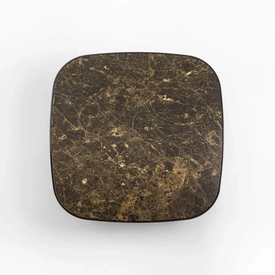 Exceptional Porada Enook Brillo coffee table with a square marble top and dark lacquered finish exhibiting gold veining