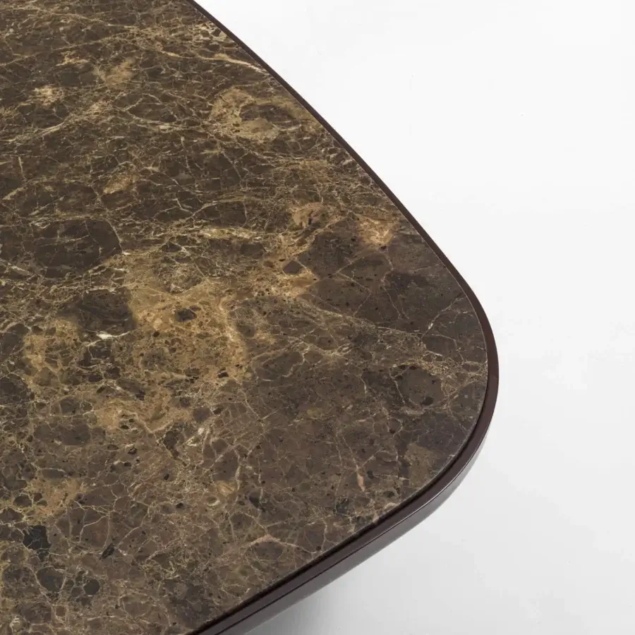 Distinguished Porada Enook Brillo coffee table crafted with a square polished marble top and reddish-brown lacquered wood frame