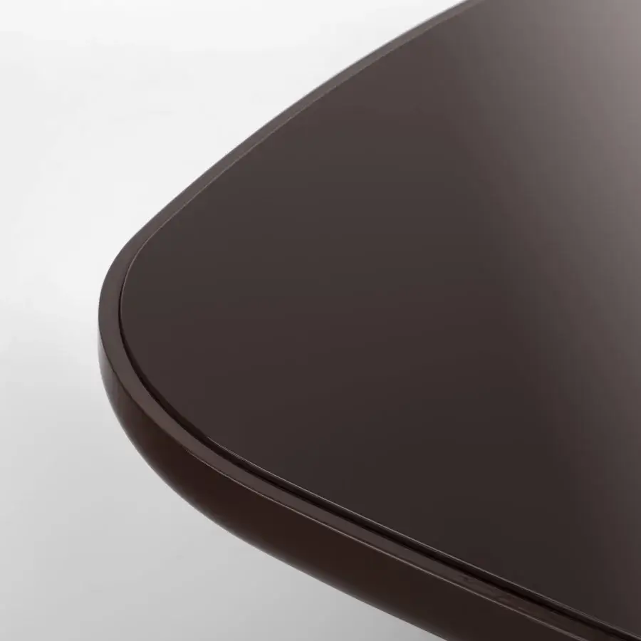 Elegant Porada Enook Brillo coffee table crafted in Italy with a glossy dark brown Shiny Lacquered square top and cylindrical base