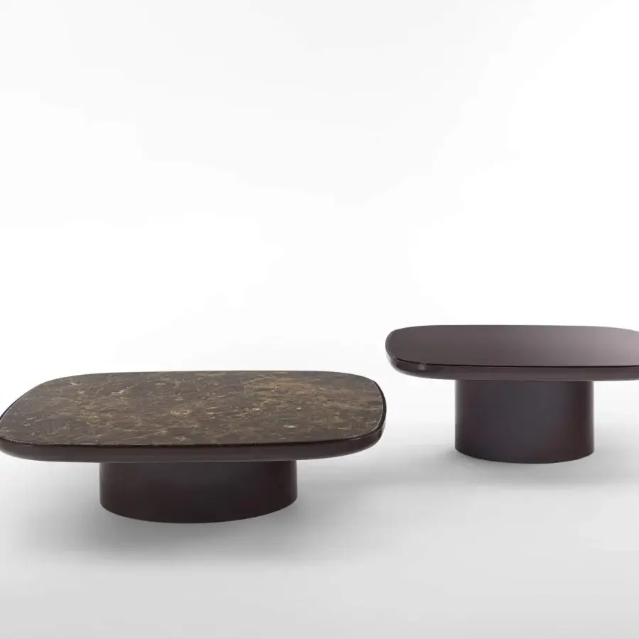 Distinguished Porada Enook Brillo coffee table with rounded corners in mottled brown and gold marble and a dark satin finish base