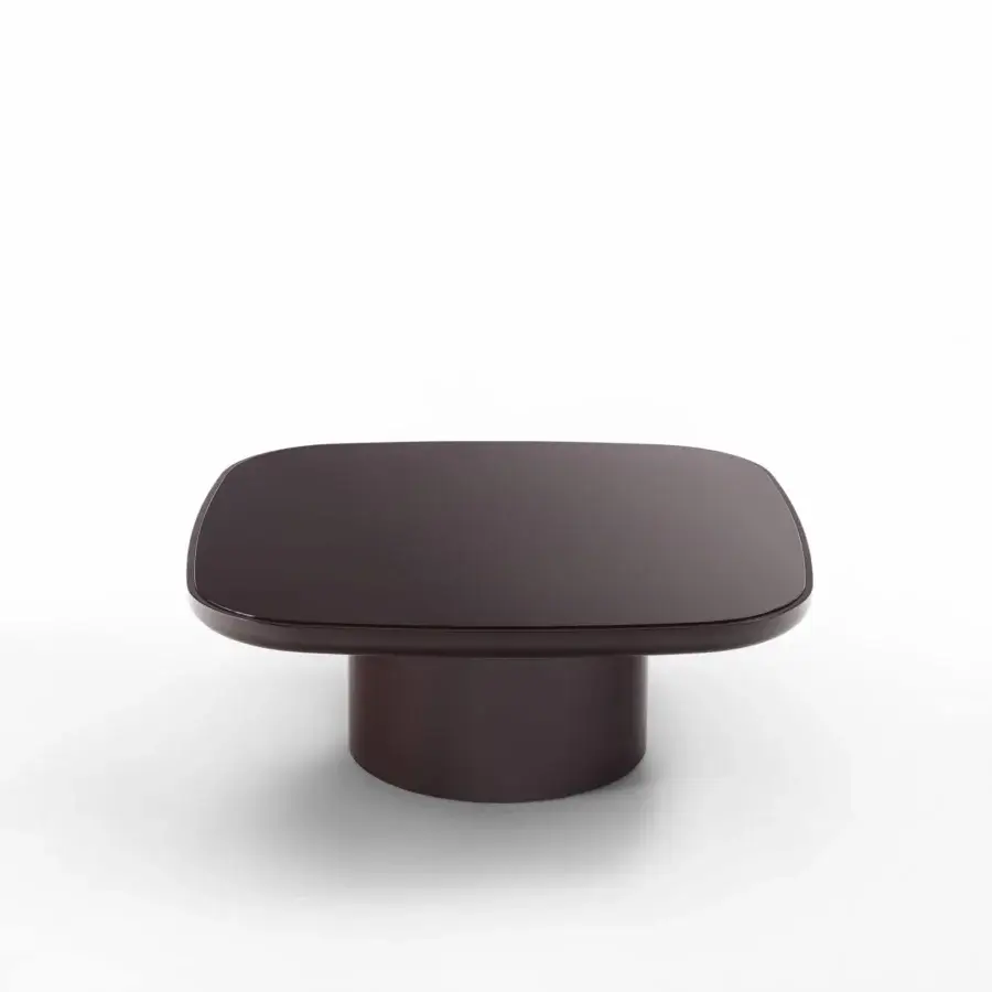Exceptional Porada Enook Brillo coffee table crafted in glossy dark brown Shiny Lacquered finish with a square tabletop and cylindrical base