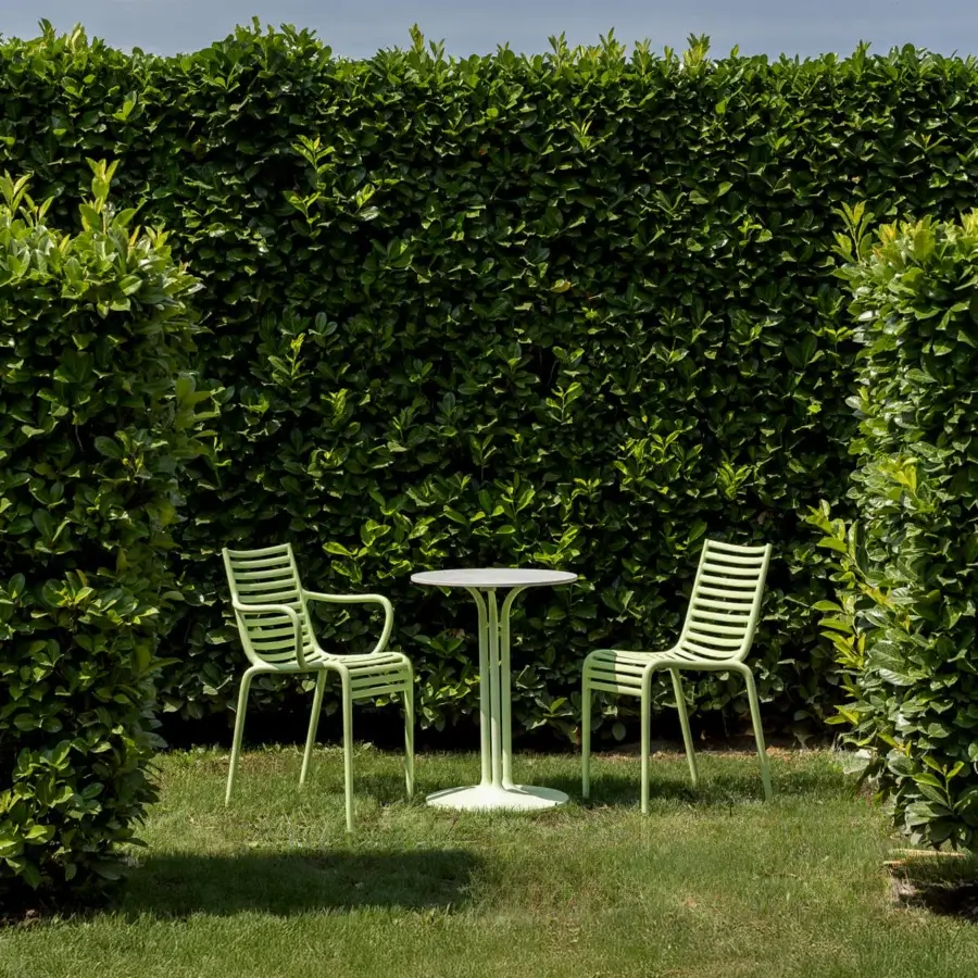 Captivating Driade Pip-e chair built in pale green polypropylene with a smooth matte finish and horizontal slat design