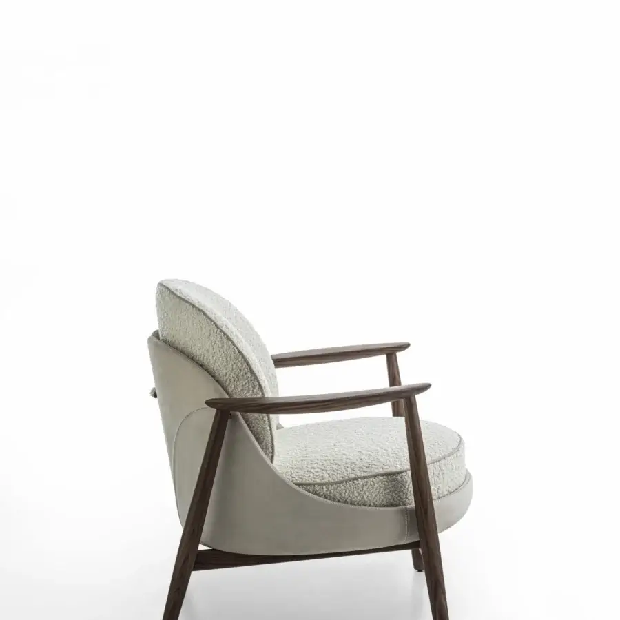 Lavish Porada Ginkgo XL lounge chair with solid Canaletta walnut frame and textured off-white textile upholstery