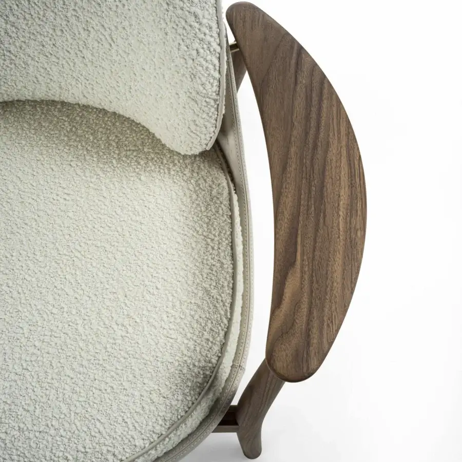 Superior Porada Ginkgo XL lounge chair with Canaletta walnut frame and matte textured textile upholstery