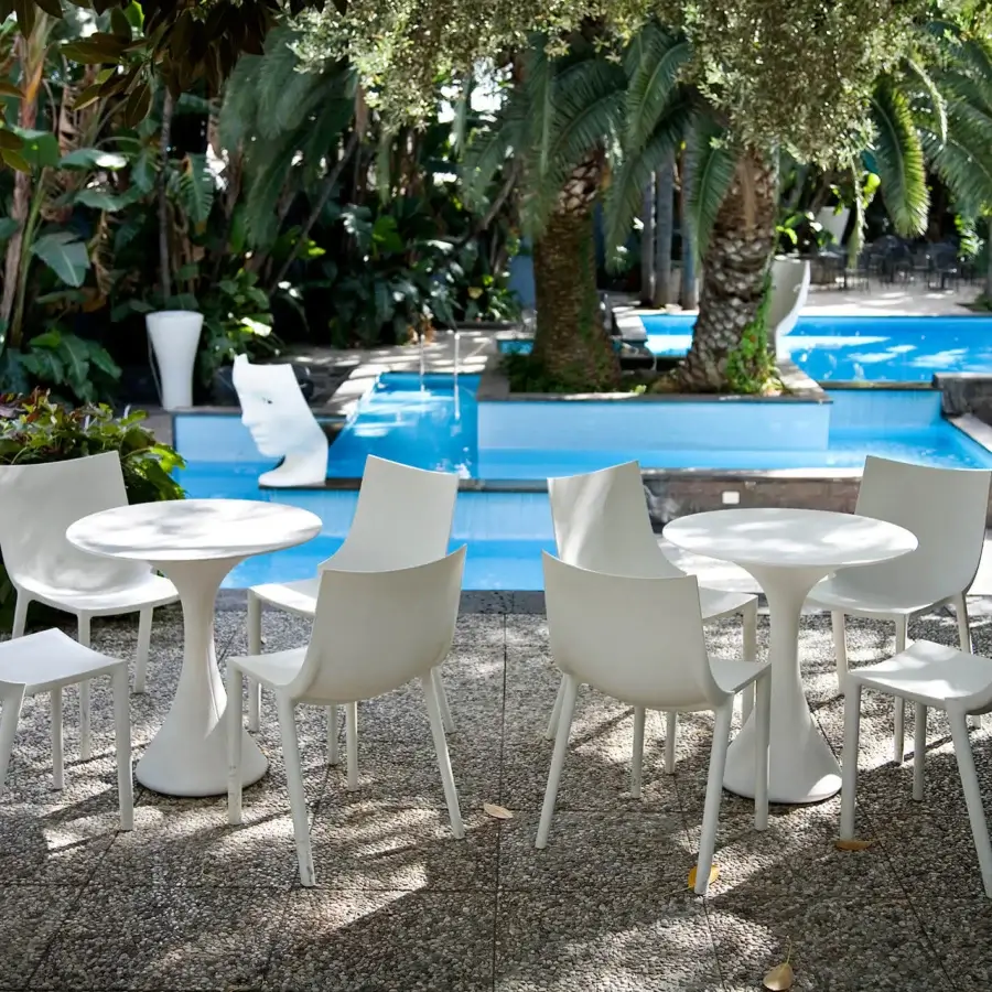 Elegant Driade Bo chair with sculptural form crafted in matte off-white durable technopolymer for indoor outdoor use