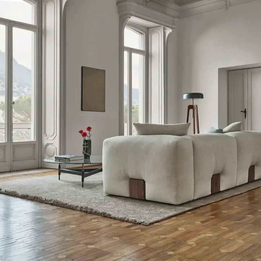 Distinguished Porada Koji sofa with neutral beige woven fabric upholstery and solid Canaletta walnut detailing