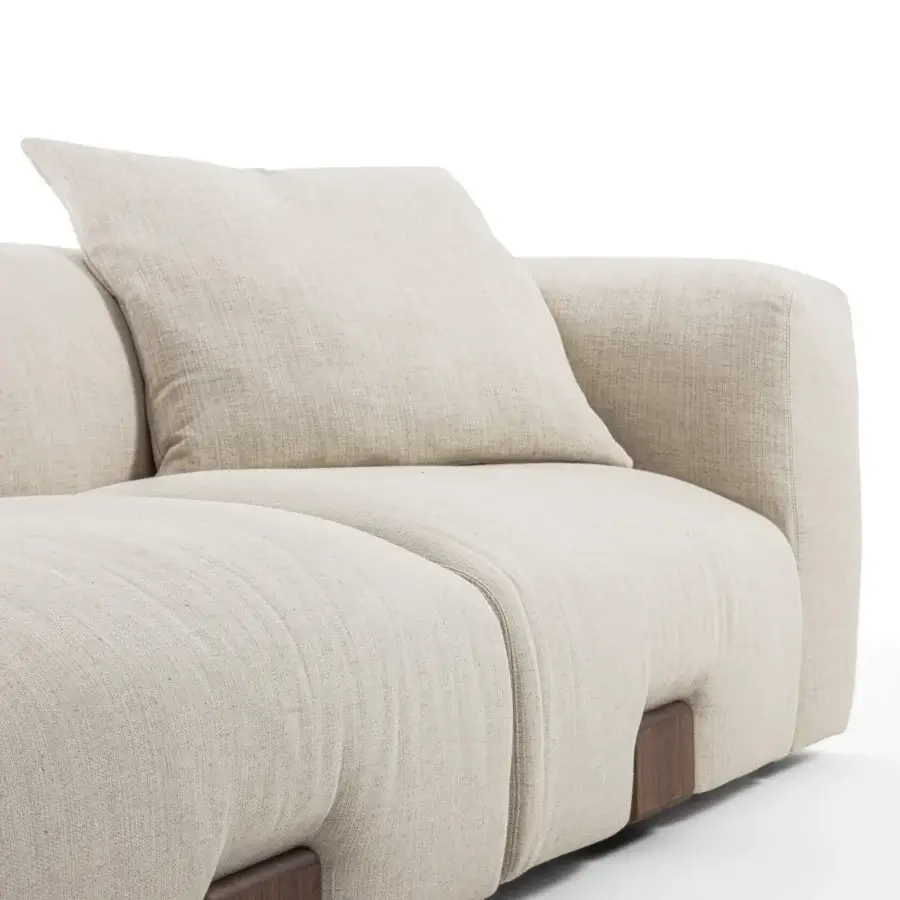 Superior Porada Koji sofa with neutral beige textile upholstery and solid Canaletta walnut base crafted with layered polyurethane foam padding