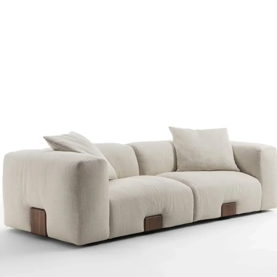Exceptional Porada Koji sofa with neutral beige textured fabric upholstery and solid Canaletta walnut base crafted in multilayer poplar and fir wood
