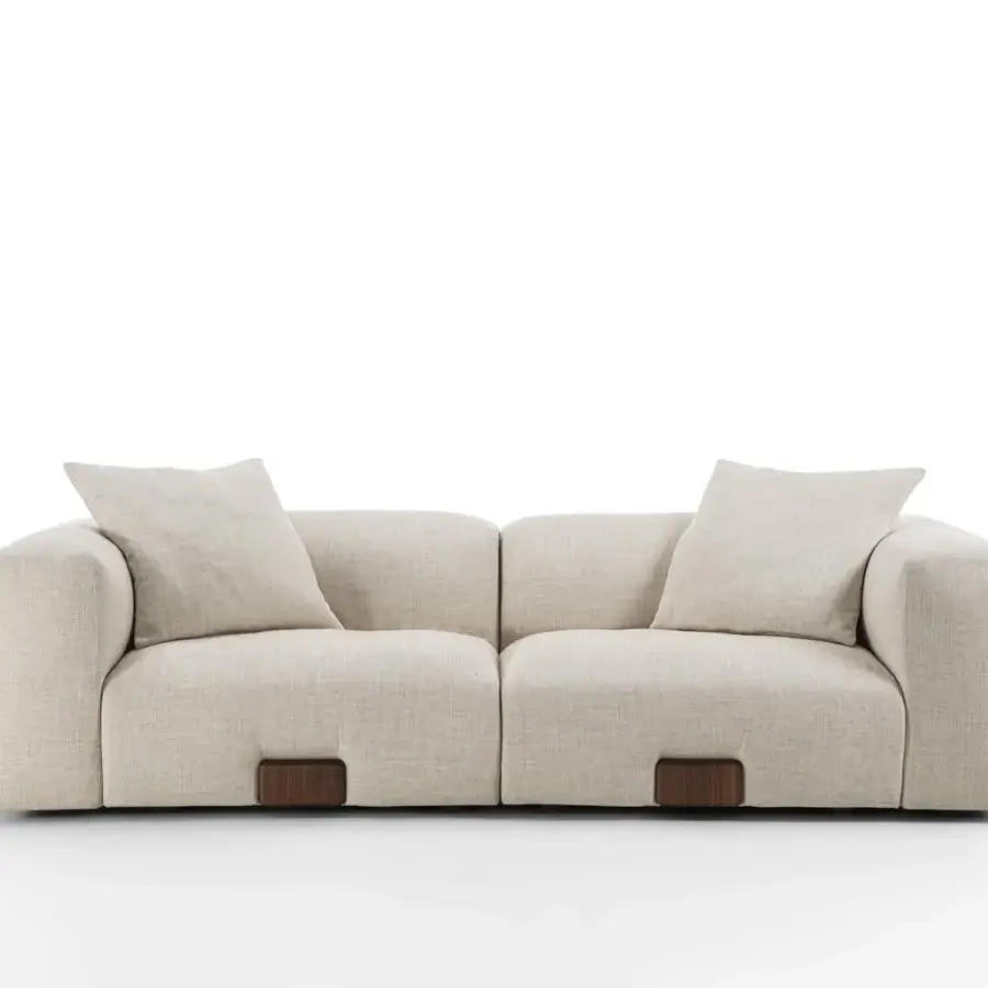 Architectural Porada Koji sofa with neutral beige textured fabric upholstery and solid Canaletta walnut base