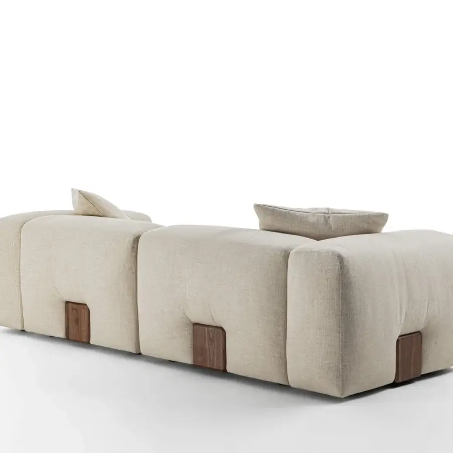 Distinguished Porada Koji sofa with neutral beige textile upholstery and solid Canaletta walnut base crafted for exceptional comfort