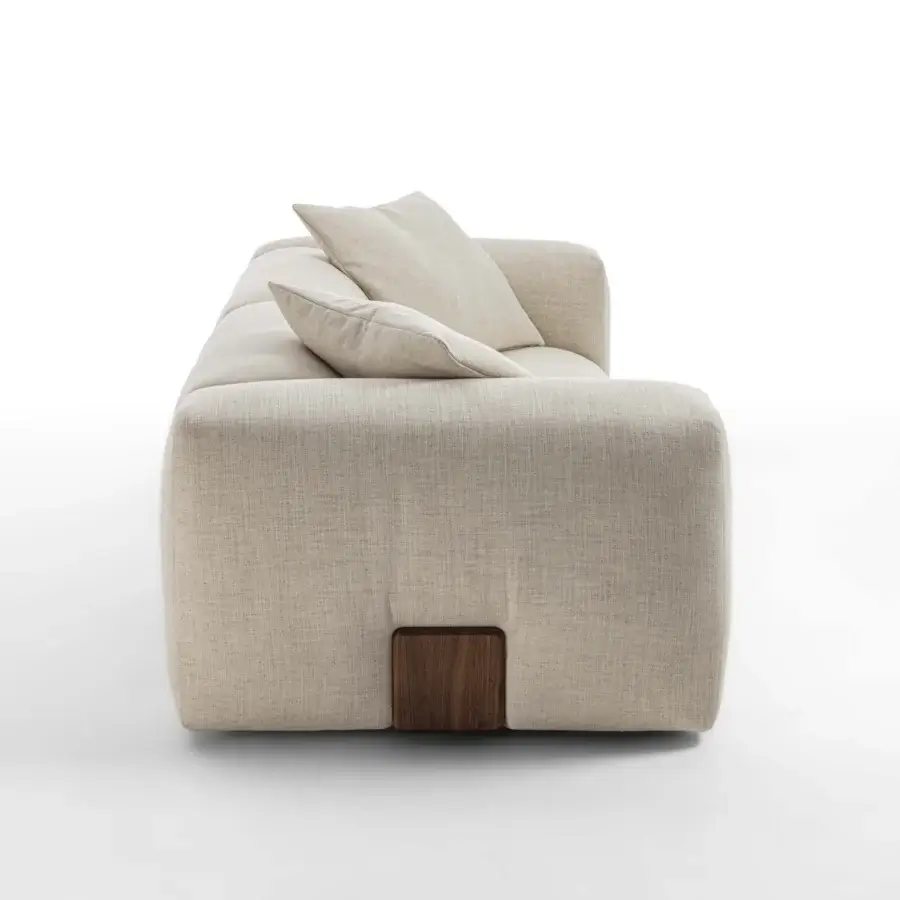 Exceptional Porada Koji sofa with neutral beige textile upholstery and solid Canaletta walnut base