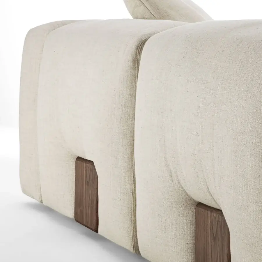 Lavish Porada Koji sofa with neutral beige textured fabric upholstery and recessed satin-finish Canaletta walnut legs