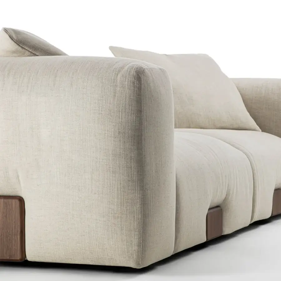 Superior Porada Koji sofa with neutral beige woven fabric upholstery and solid Canaletta walnut accents