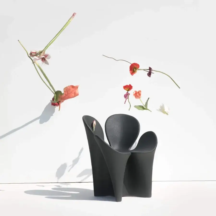 Distinguished Driade Clover armchair with flowing organic form in anthracite black polyethylene and matte finish