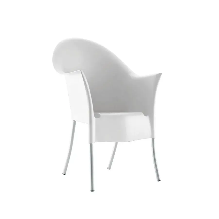 Elegant Driade Lord Yo armchair with aluminum structure and molded polypropylene shell in matte white finish