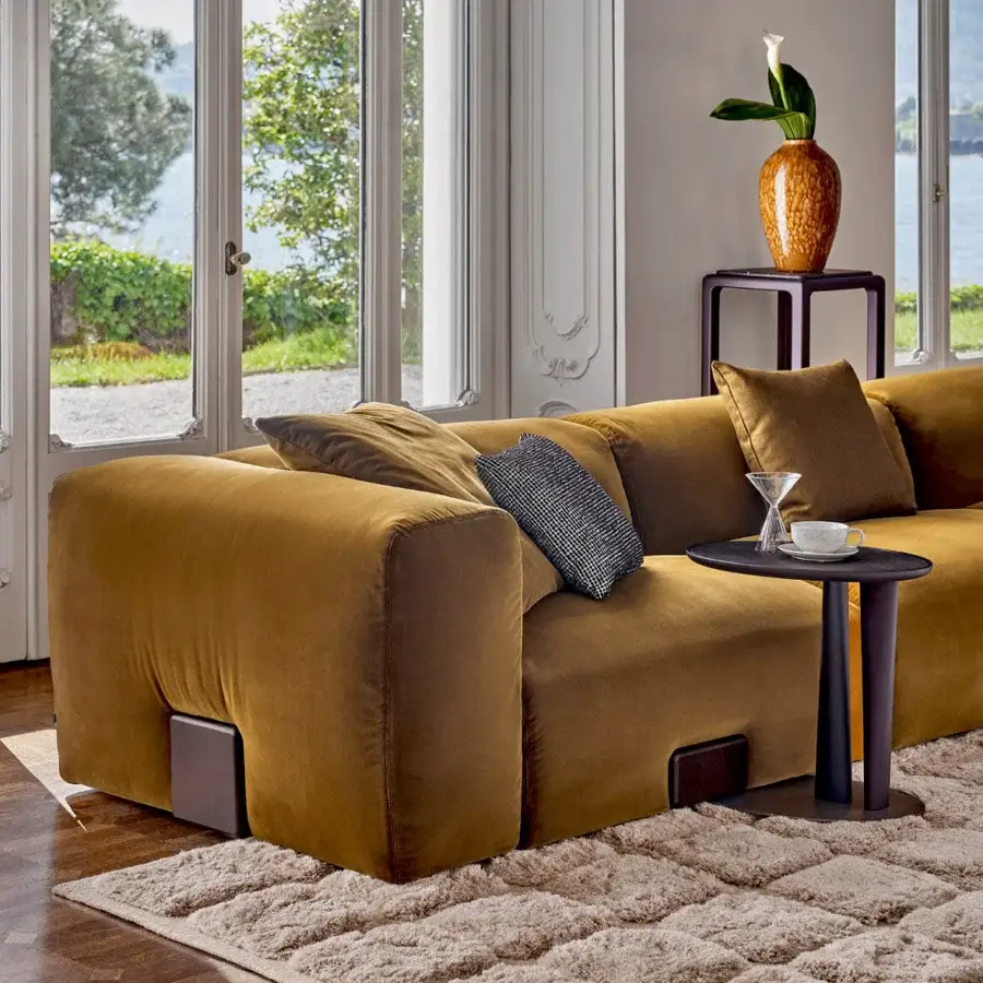 Distinguished Porada Koji sectional with textured golden-brown fabric and a solid Canaletta walnut base