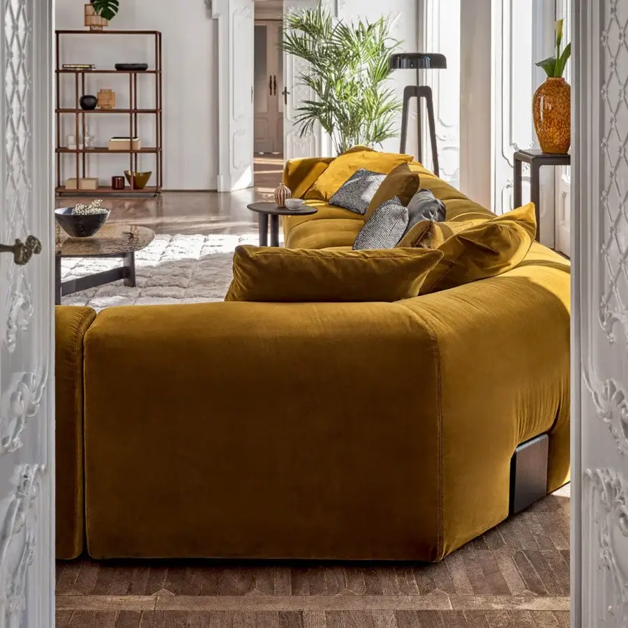 Distinctive Porada Koji sectional with plush golden-mustard textile and solid Canaletta walnut detail built with multilayer wood framing