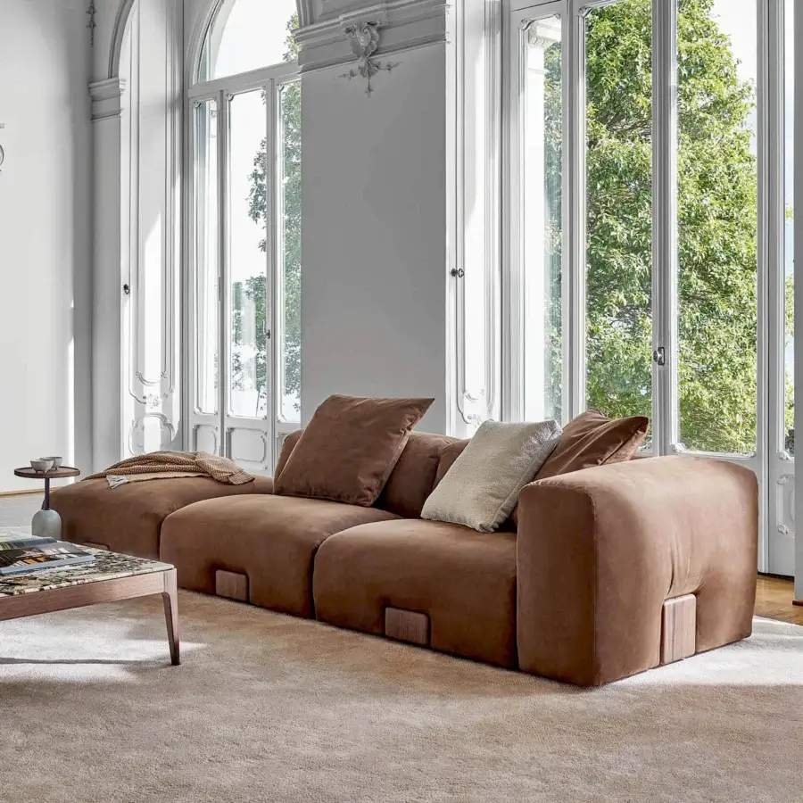 Exceptional Porada Koji sectional with reddish-brown textile upholstery and Canaletta walnut detailing built with multilayer wood framing