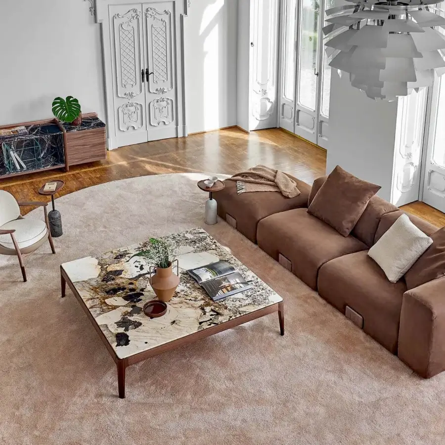 Distinguished Porada Koji sectional with muted brown fabric upholstery and solid Canaletta walnut accents
