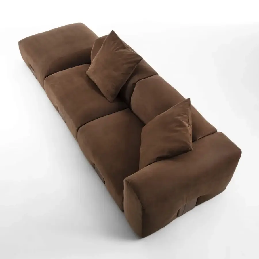 Lavish Porada Koji sectional with dark brown textile upholstery and solid Canaletta walnut decorative detail