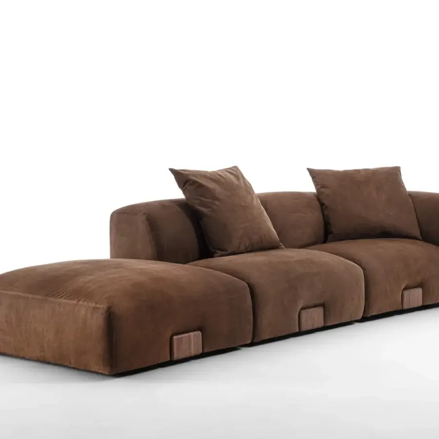 Distinguished Porada Koji sectional with warm brown fabric upholstery and distinctive solid Canaletta walnut detailing