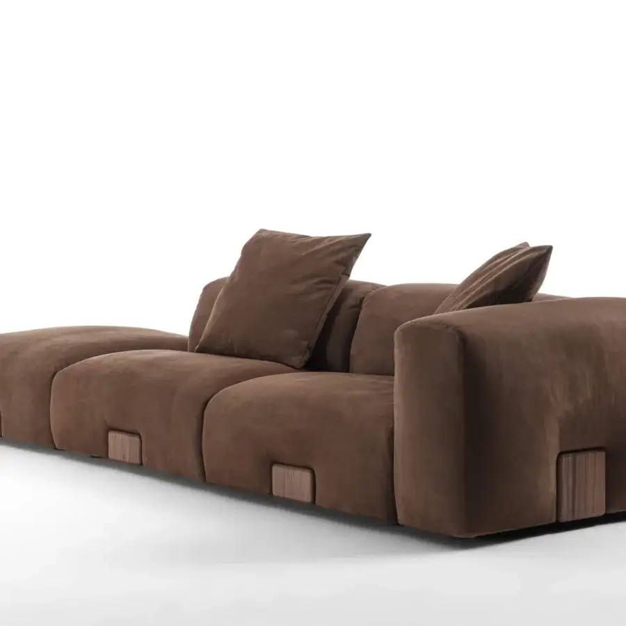 Exceptional Porada Koji sectional with medium brown textile upholstery and solid Canaletta walnut detail crafted with a matte finish