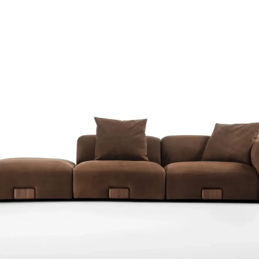 Superior Porada Koji sectional with medium brown textile upholstery and Canaletta walnut detailing crafted in wood