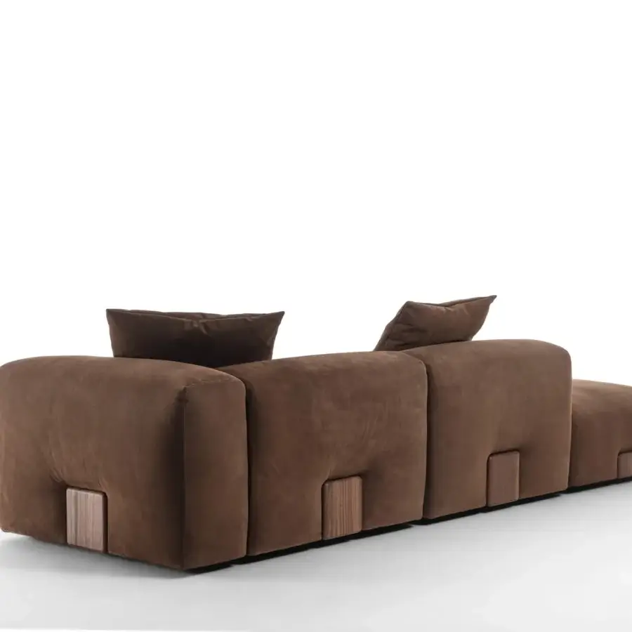 Distinguished Porada Koji sectional with warm medium brown fabric upholstery and solid Canaletta walnut accents, showcasing a matte finish
