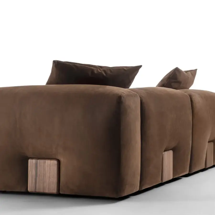 Exceptional Porada Koji sectional with warm brown textile upholstery and solid Canaletta walnut detail built with a multilayer wood frame