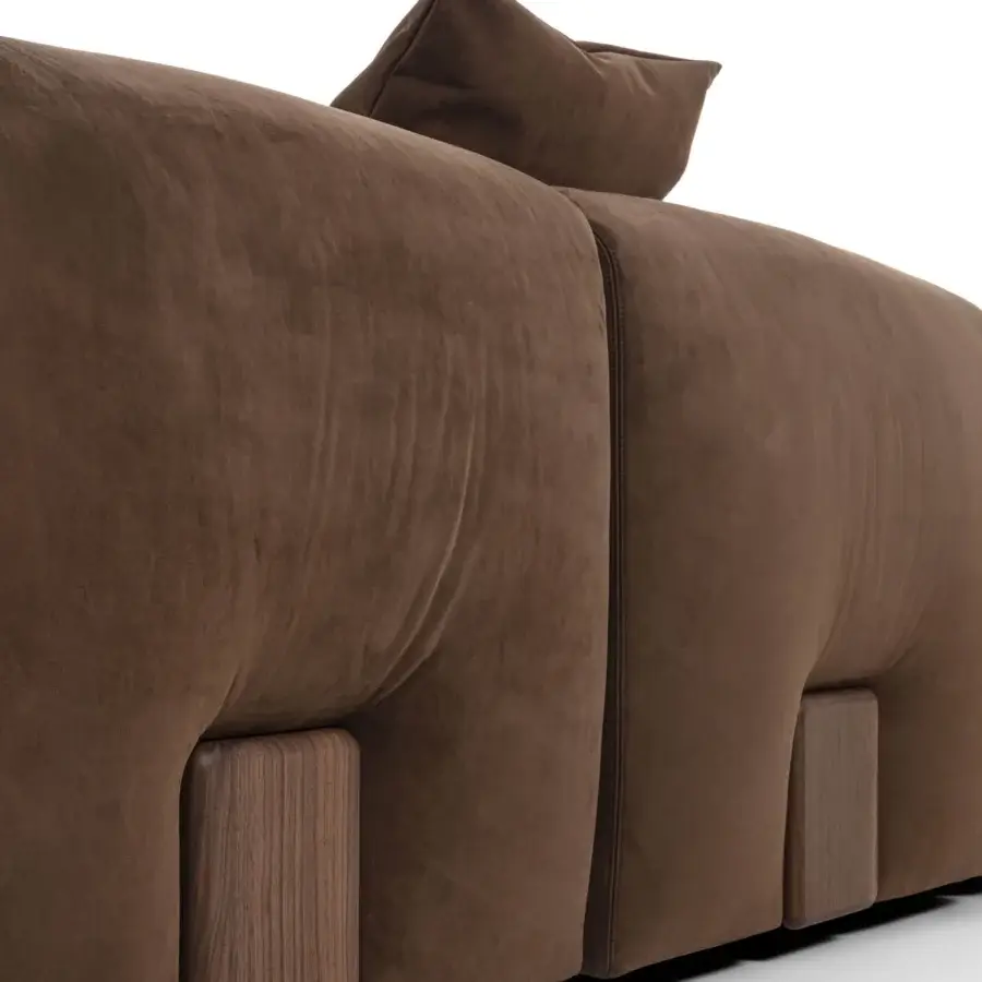 Sophisticated Porada Koji sectional with warm medium-brown textured fabric and a refined Canaletta walnut base