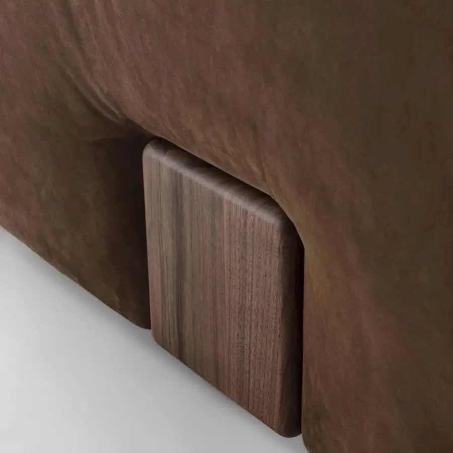 Lavish Porada Koji sectional with medium-brown matte textile upholstery and a vertical block of solid Canaletta walnut wood