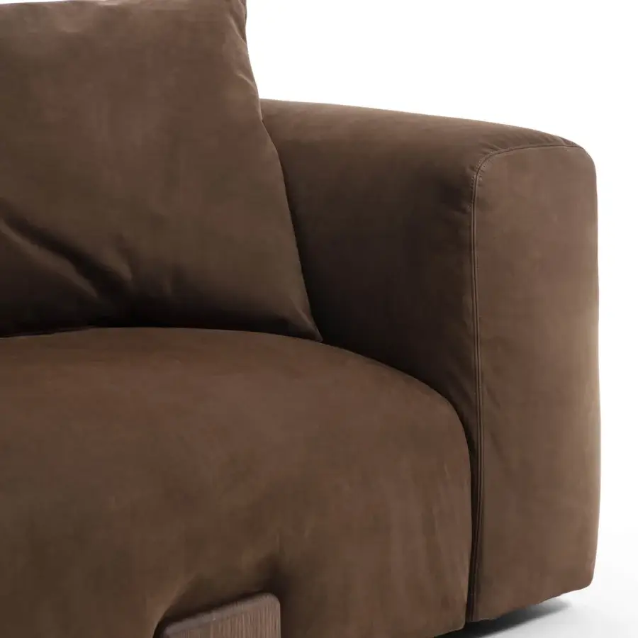 Distinguished Porada Koji sectional with medium-dark brown fabric upholstery and distinctive Canaletta walnut detailing