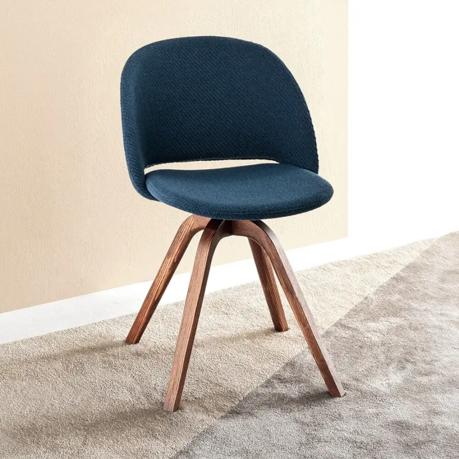 Superior Bontempi Polo chair with deep blue textured textile upholstery and a satin finished natural solid wood base