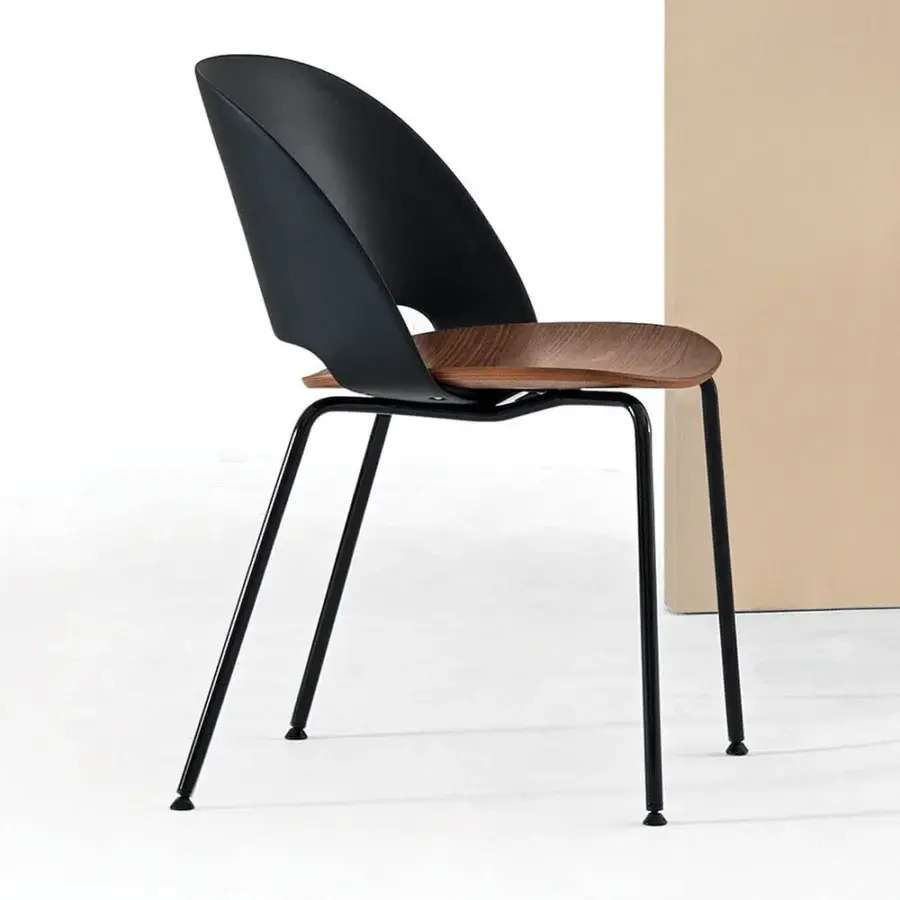 Distinguished Bontempi Polo chair with gently curved silhouette and sleek black matte metal built with satin-finish wood insert