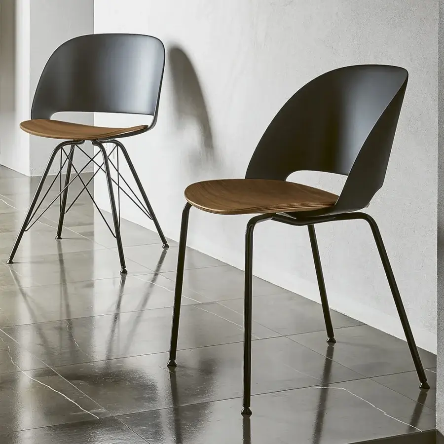 Distinguished Bontempi Polo chair with dark gray molded shell and warm brown wood seat in matte metal finish